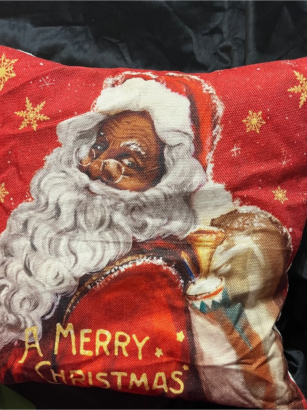 Black Santa Christmas Pillow Cover 17” Red Gold African American Holiday Decor